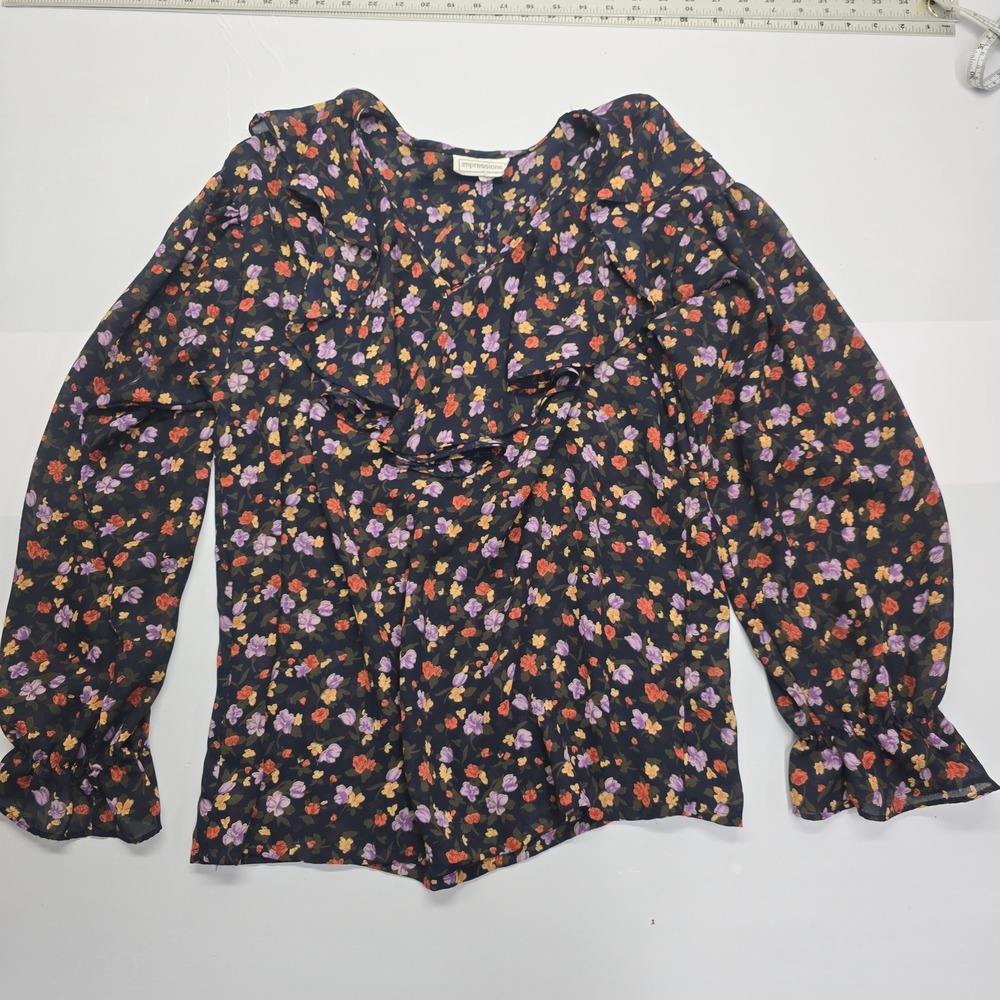 Impressions of California Womens Floral Ruffle V-Neck Blouse Navy Blue Large